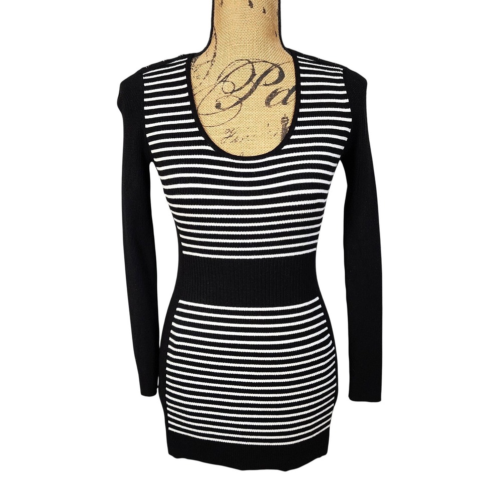 CACHE Size Small Sexy Black and White Striped Knit Micro Mini Sweater Dress EUC